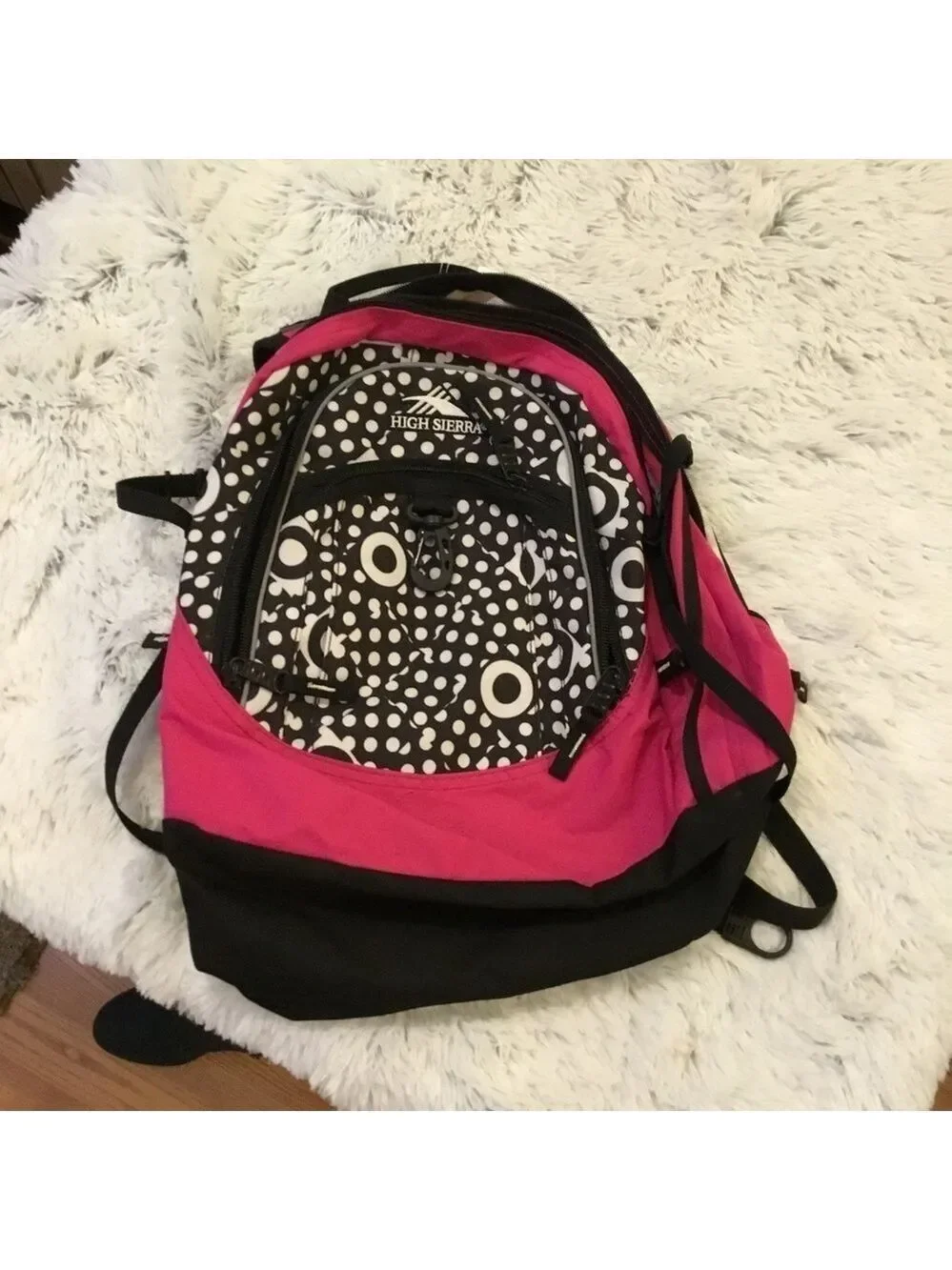 High Sierra pink black and White patterned backpack with suspension stra…